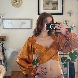 Fashion Nova Silky Cropped Blouse with Cut Outs